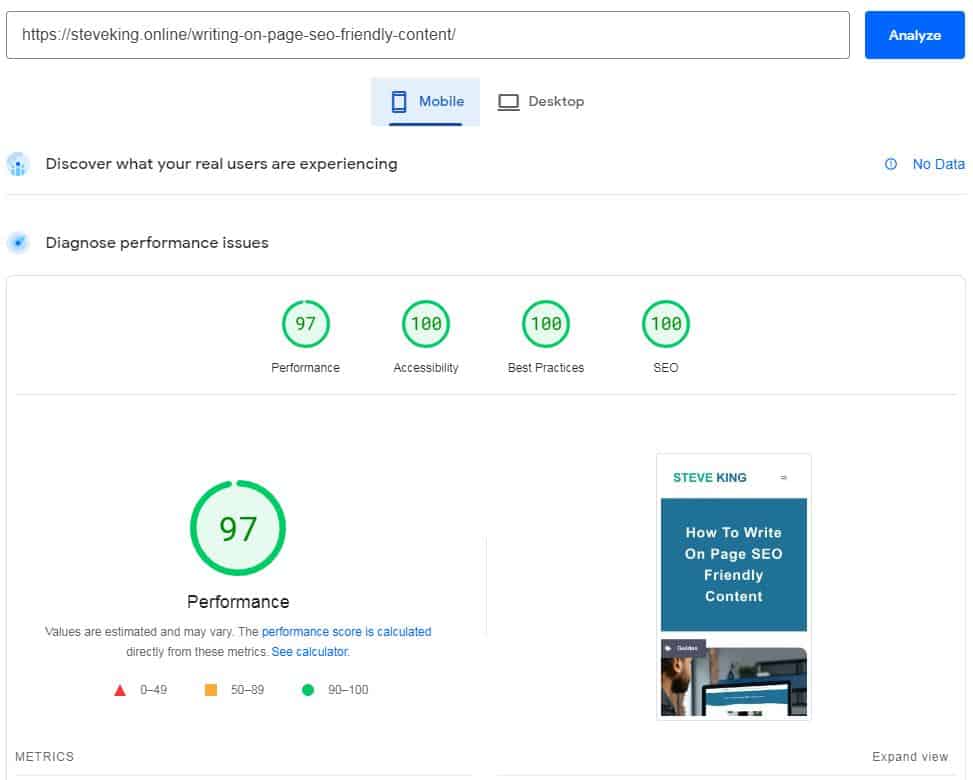 Page speed insights report for mobile