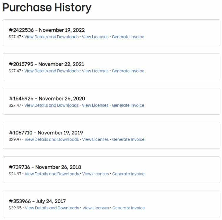 Proof of Steve's GeneratePress Premium purchase history