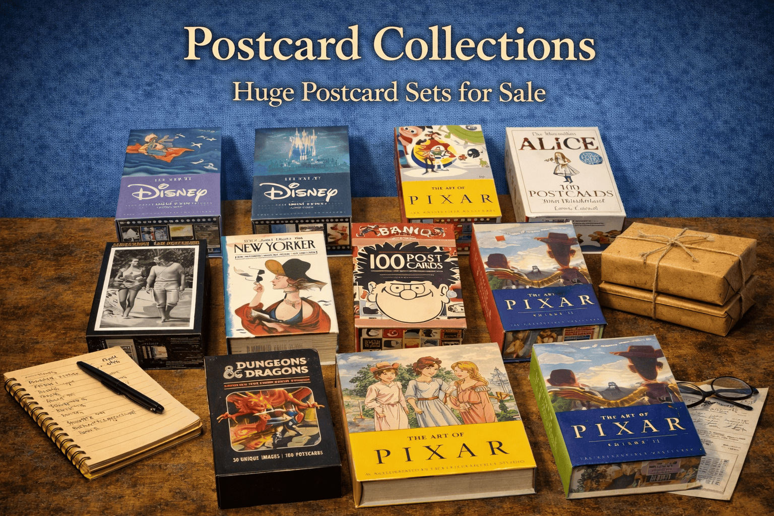 Postcards collection on table for resale on ebay